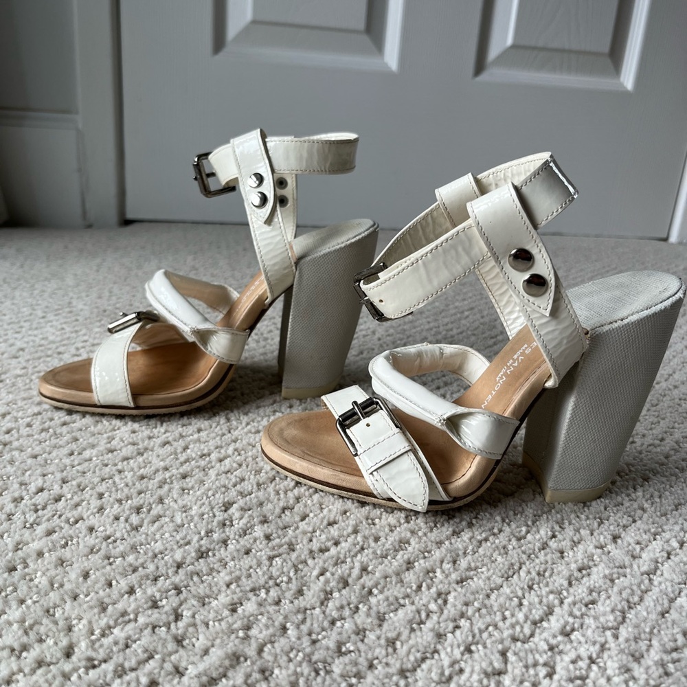 Off white patent leather heeled sandals